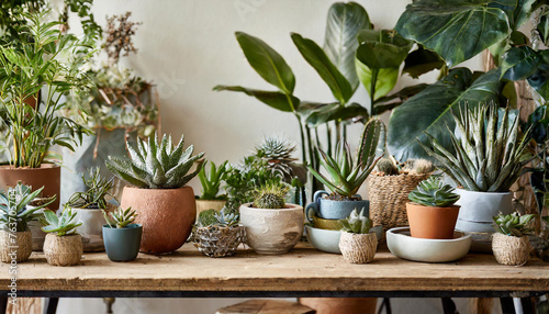 Stylish composition of home garden interior filled a lot of beautiful plants  cacti  succulents  air plant in different design pots. Home gardening concept Home jungle. Copy space