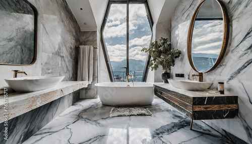 Stylish bathroom interior design with marble panels. Bathtub, towels and other personal bathroom accessories. Modern glamour interior concept. Roof window