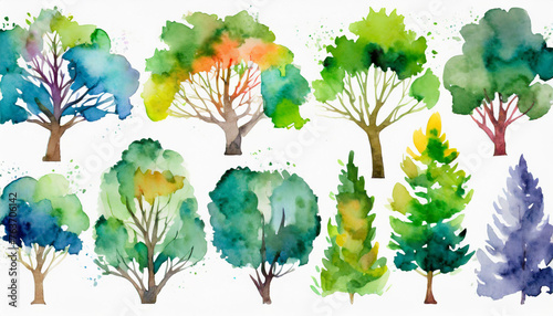 Watercolor painted various tree collection. An array of watercolor trees showcasing different species and styles  perfect for design or educational purposes