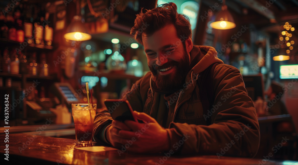 Happy bearded man enjoying using smartphone at cozy pub bar counter