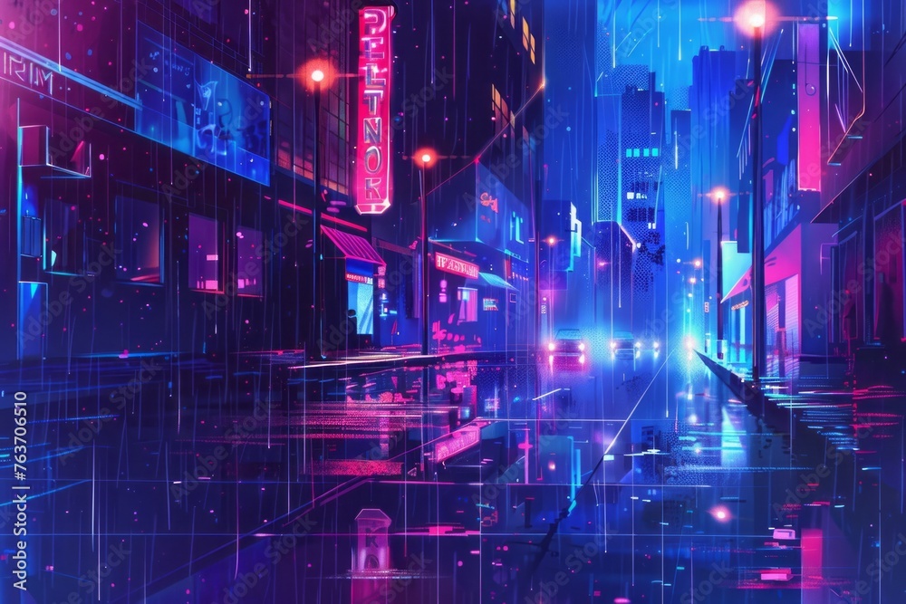 An evocative wallpaper illustration featuring a rainy city street at night, with neon lights reflecting off the wet pavement, Generative AI
