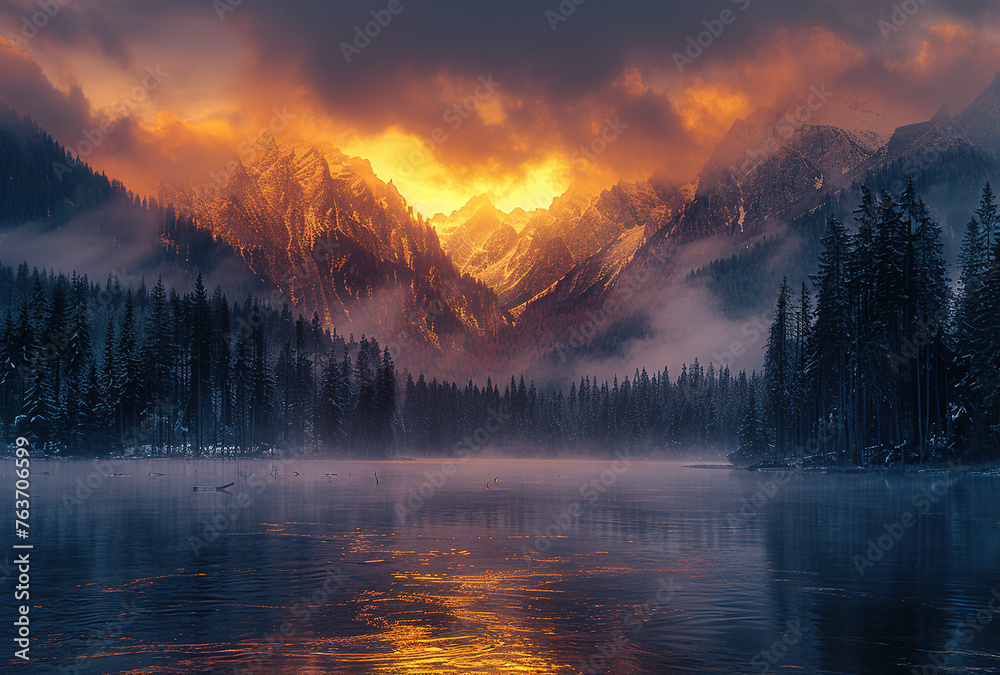Sunrise in the mountains with beautiful lake view. Created with Ai
