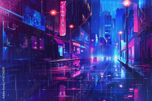 An evocative wallpaper illustration featuring a rainy city street at night, with neon lights reflecting off the wet pavement, Generative AI