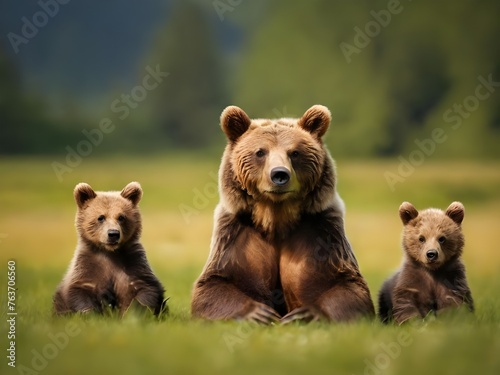 Brown bear ursus arctos mother with two cubs on green photo