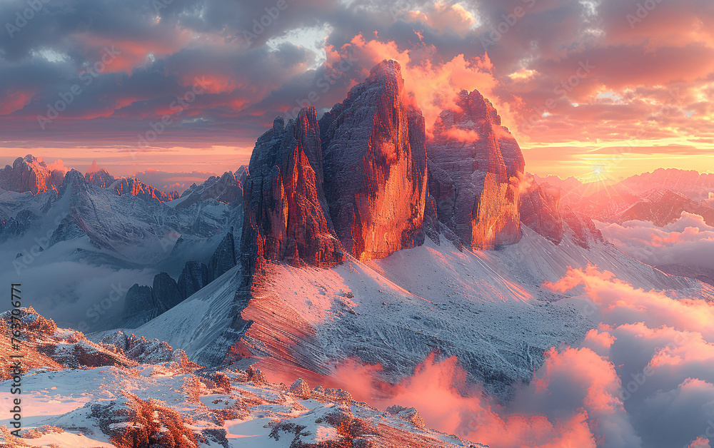 Sunset over the mountains, Beautiful mountain landscape. Created with Ai