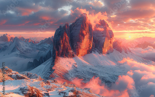 Sunset over the mountains  Beautiful mountain landscape. Created with Ai