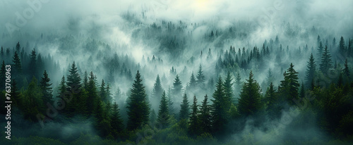 Wild natural landscape with mountains, coniferous forest with copy space. Created with Ai photo