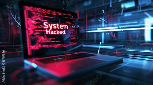 System hacked warning alert on a notebook, illustrating the urgency of cyber security in the face of attacks like viruses, spyware, and malware
