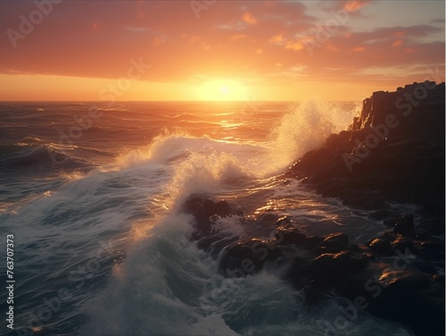 Sunset Seascape: Waves Crashing Against Rocks with an Orange Hue
