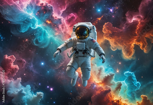 Nebula Drifter: An Astronaut Glides Through Vibrant Cosmic Clouds, Immersed in the Beauty of Space - Generative AI