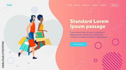 Positive female friends walking with shopping bags. Multiracial women, shoppers, customers flat vector illustration. Offline stores, friendship concept for banner, website design or landing web page