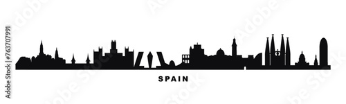 Spain country skyline with cities panorama. Vector flat banner, logo. Madrid, Barcelona, Valencia, Alicante silhouette for footer, steamer, header. Isolated graphic #763707991