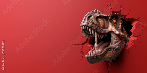 tyrannosaurus rex dinosaur,3d hole in the wall with trex head, red background photo