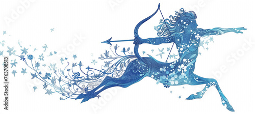 Detailed illustration of radiant sagittarius zodiac sign in blue on white background photo