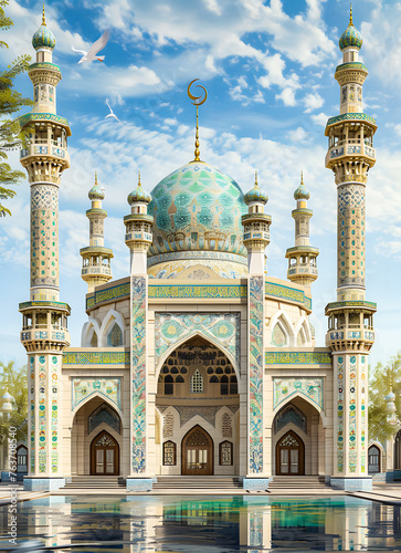 Islamic greeting Eid Mubarak cards for Muslim Holidays. Eid-Ul-Fitr festival celebration. Ramadan Kareem background with interior green mosque