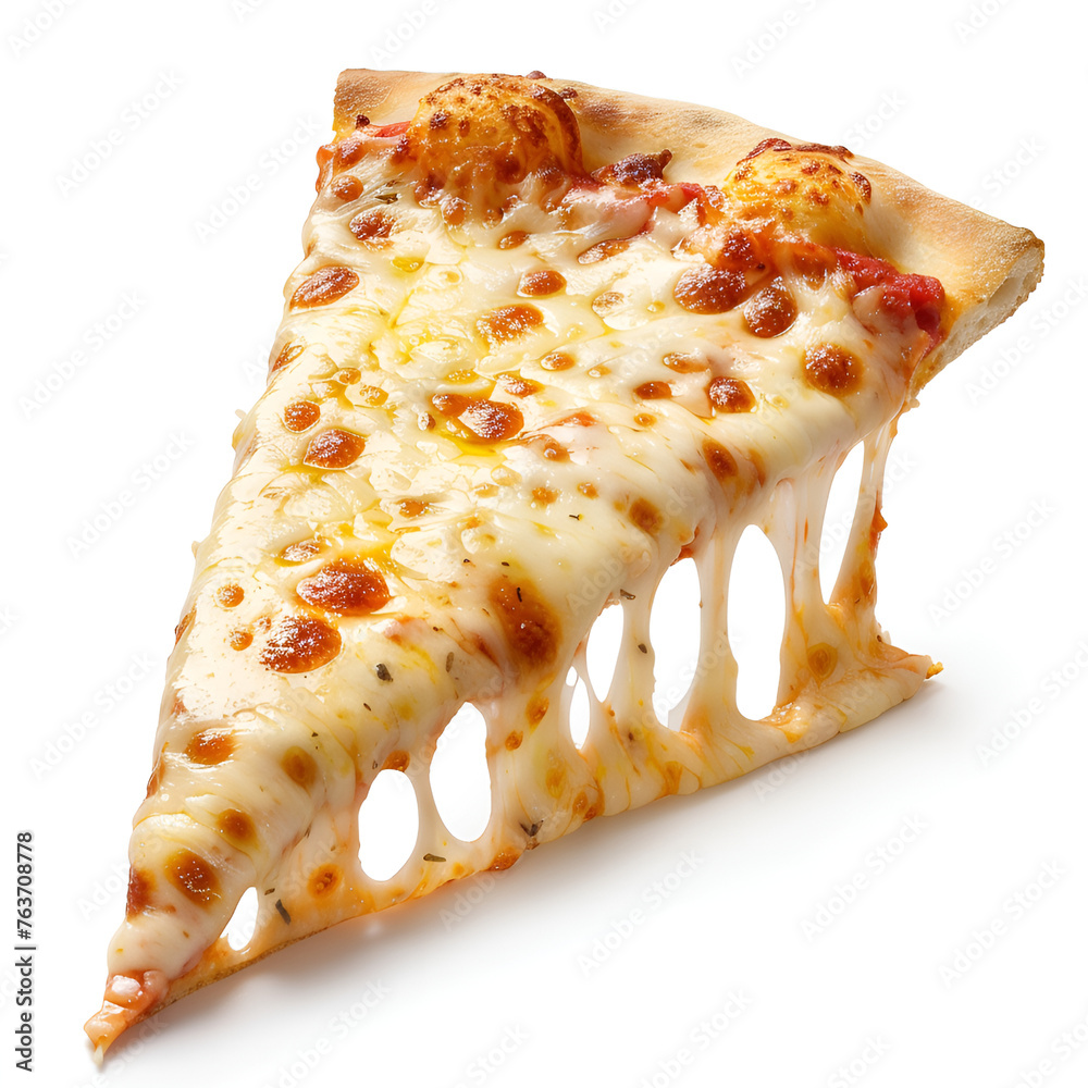 A slice of pizza with stretchy cheese. Isolated