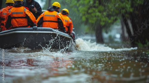 A group of rescue workers braving heavy rain and rushing waters to evacuate stranded residents from a flooded neighborhood. © Justlight