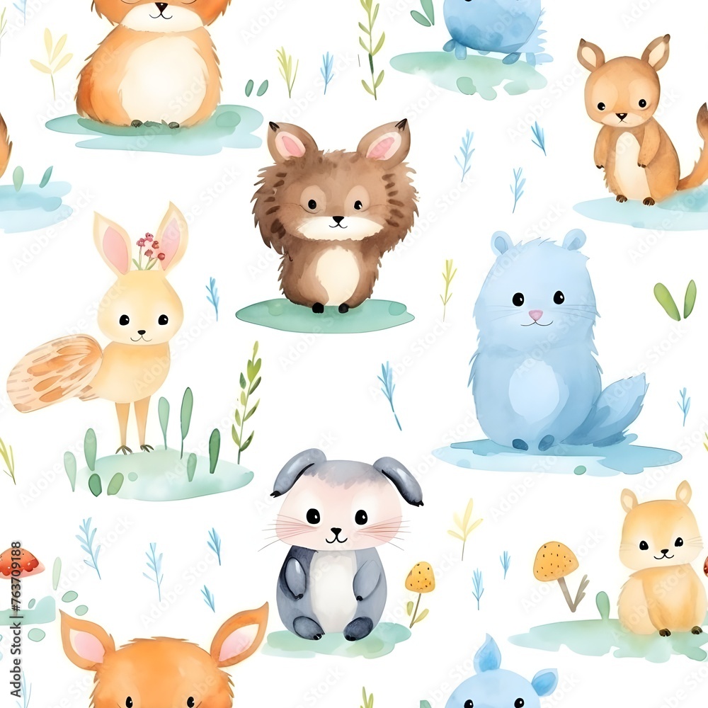Fototapeta premium Seamless pattern of Baby Animals lovable pattern seamless watercolor