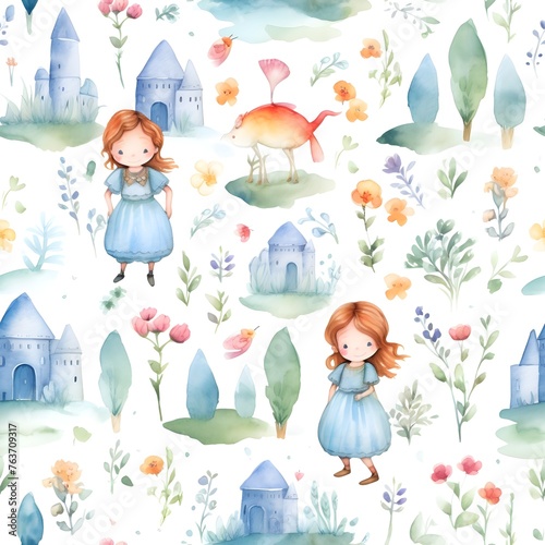 Seamless pattern of cute fairytale watercolor, seamless pattern, watercolour painting, hd image, correct shape