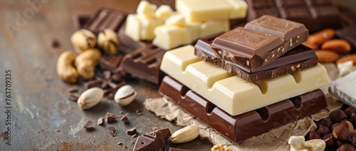 An assortment of chocolate bars with nuts on a rustic wooden surface, showcasing rich dark, creamy milk, and smooth white chocolates