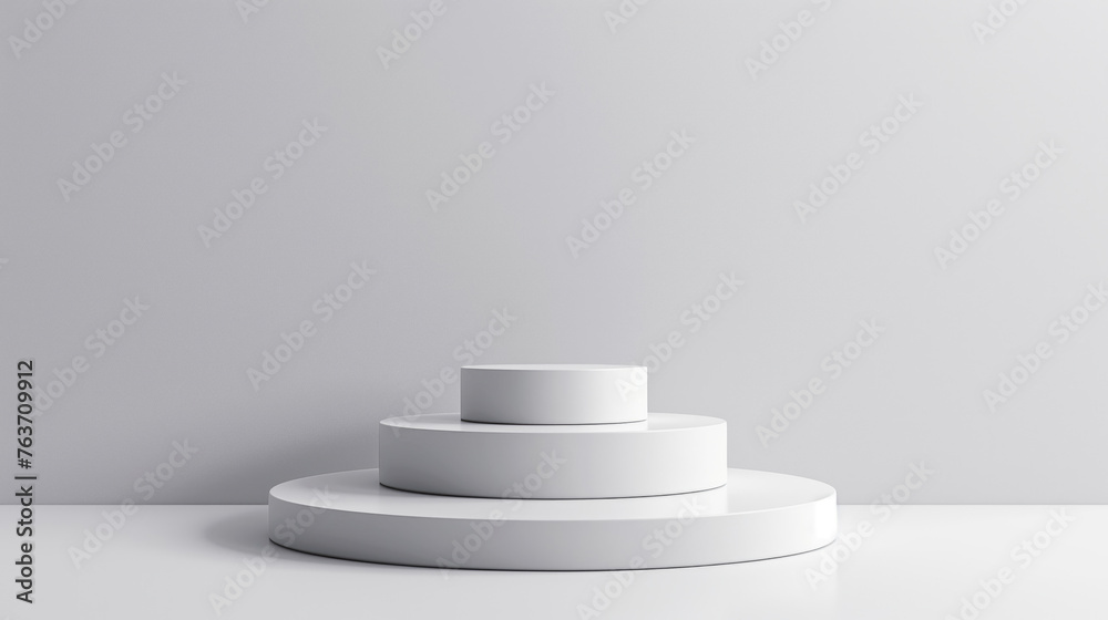 Realistic circular podium, over white illuminated background. Product display with matte surfaces for marketing, design concepts. Realistic circular podium, over white illuminated background. Product display with matte surfaces for marketing, design concepts.
