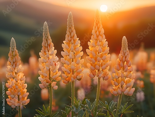 Flowers glowing in the soft, warm light of dusk
