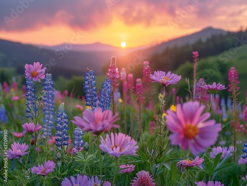 Flowers glowing in the soft  warm light of dusk