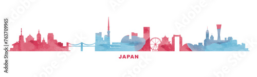 Japan country watercolor skyline with cities panorama. Vector flat banner, logo. Tokyo, Kyoto, Osaka, Yokohama, Kobe silhouette for footer, steamer, header. Isolated graphic