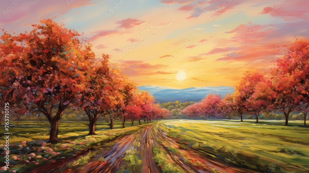 Fototapeta premium Image of a vast apple orchard in full bloom during a golden autumn sunset. Generative ai.