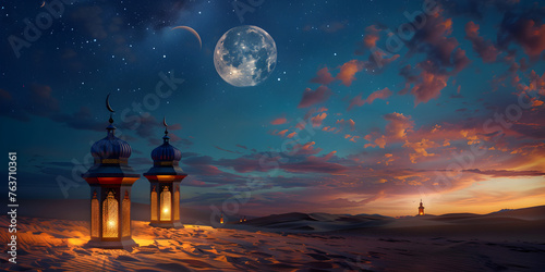 landscape with moon,A realistic radiant glowing background of ramadan kareem 