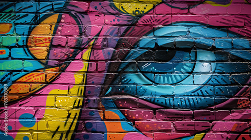 A close-up of intricate street art on a brick wall