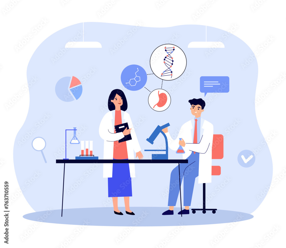 Scientists working in laboratory vector illustration. Man looking at research results through microscope. Woman with research report. Biotechnology and biomodeling concept Scientists working in laboratory vector illustration. Man looking at research results through microscope. Woman with research report. Biotechnology and biomodeling concept