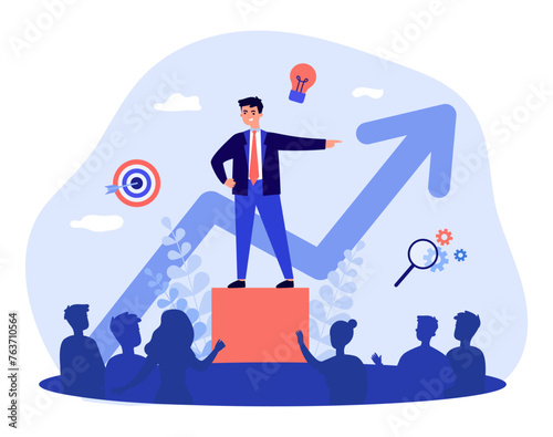 Business leader inspiring employees. Vector illustration. Speaker, target, lightbulb, growing arrow. Leadership, leader infuence, coaching concept