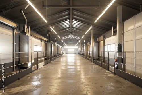 Modern Industrial Warehouse with Bright Lighting, High Ceilings, and Open Floor Plan for Efficient Storage and Logistics Operations