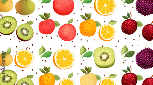 Seamless pattern of fruits elements on white and transparent background Set with hand drawn fruit doodles. Tropical pattern of  banana  apple  pear  peach  strawberry  lemon  cherry  and pomegranate.