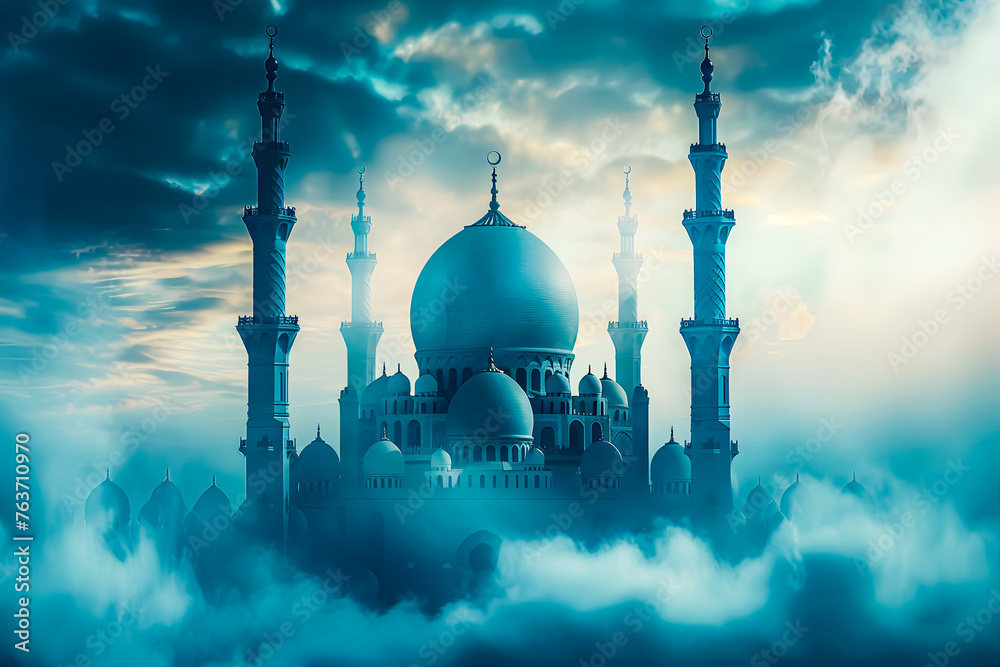 Islamic greeting Eid Mubarak cards with blue mosque in the sky with clouds, moon and stars. Ramadhan Kareem background and eid mubarak - obrazy, fototapety, plakaty 