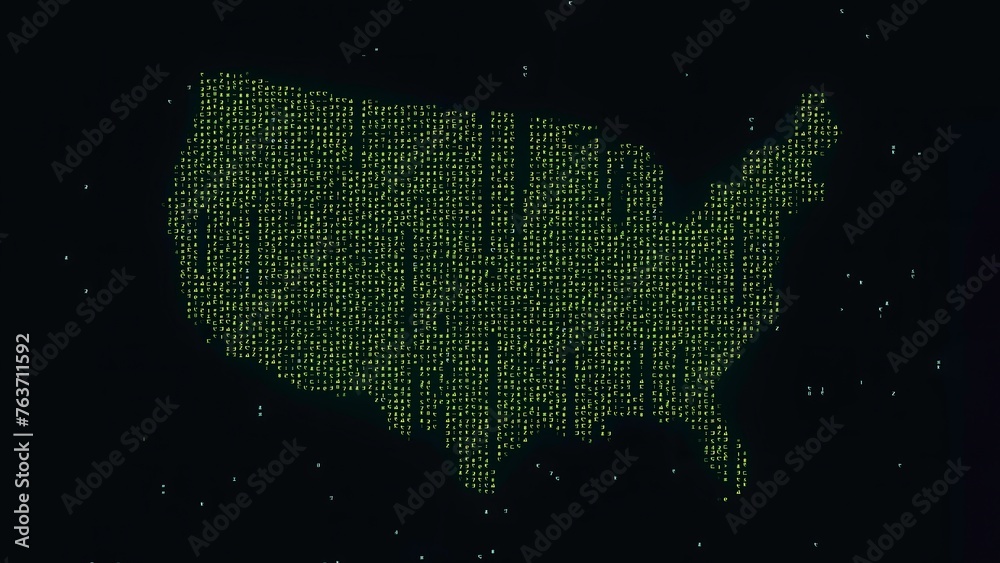 Obraz premium Beautiful illustration of USA map with matrix code on plain black background
