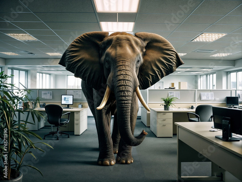 An elephant standing in the middle of an empty office with desks, chairs, and computers