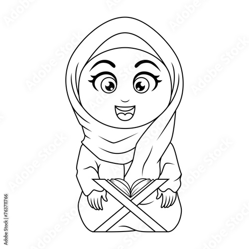 Cartoon muslim girls reading Quran line art