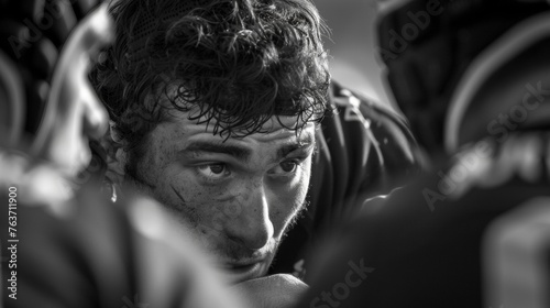 The intense focus in the eyes of rugby players as they push against each other in the scrum at the stadium.
