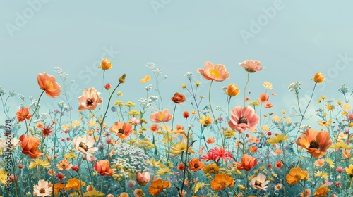Vibrant Wildflowers Blooming Under Blue Sky © Napaphat
