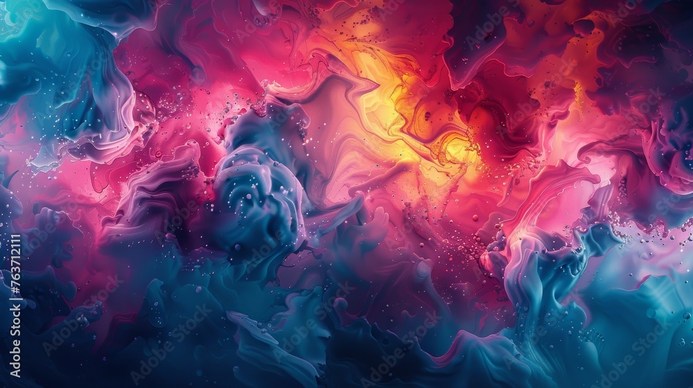 A captivating abstract blend of liquid swirls dancing in a symphony of pink, blue, and yellow hues with a dreamy, fluid dynamism.