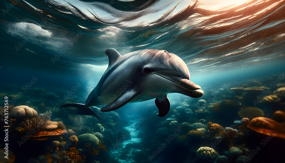 Obraz premium A photograph in the style of National Geographic, a dolphin in its natural ocean habitat, showcasing the dolphin in sharp focus against a beautifully blurred background