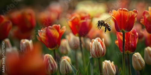 Busy bee pollinating bright red tulips on a sunny spring day in the garden, surrounded by vibrant blooms and lush greenery