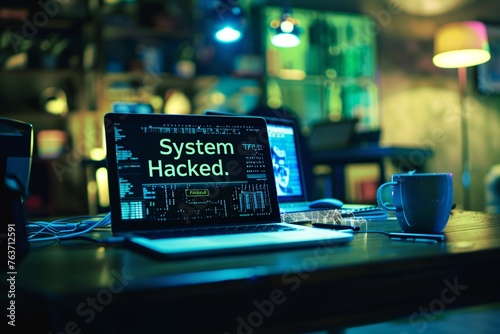 System hacked warning alert on a notebook, illustrating the urgency of cyber security in the face of attacks like viruses, spyware, and malware