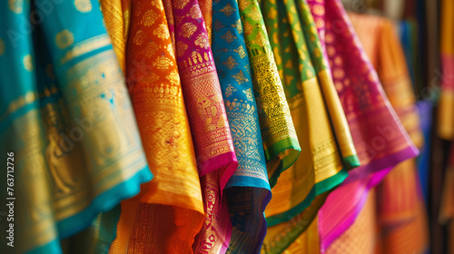 Close up portrait of colorful shiny indian saree hanging on a clothing rack