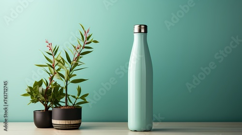 A sleek and modern water bottle on an elegant white mockup, set against a refreshing aqua blue background, promoting hydration with style and flair.