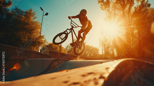 A dynamic shot of a BMX biker doing a stunt in a city park