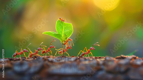 Team of ants transporting green leaf across rugged bark in warm sunlight, cooperative effort