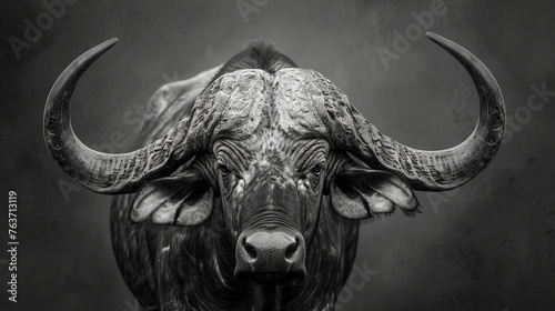 Cape buffalo portrait with symmetrical horns, a display of raw power and wild beauty in monochrome